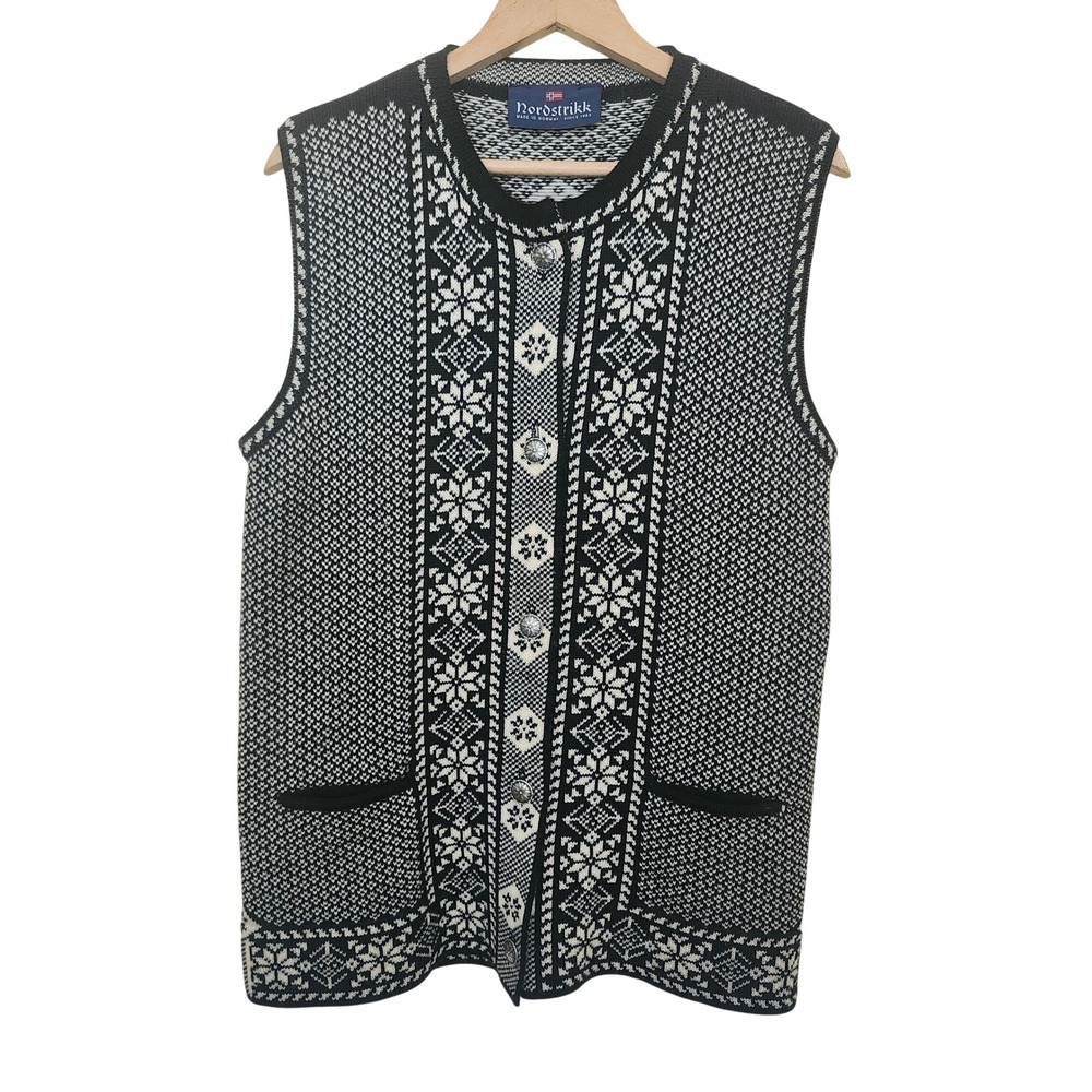 Nordstrikk Wool Vest Women Med Black White Nordic Fair Isle Pewter Buttons FLAW